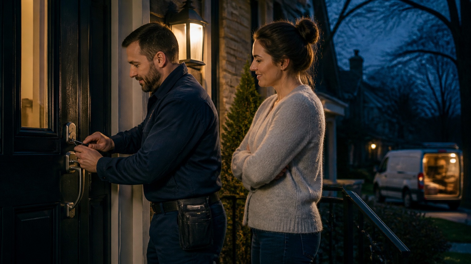 Locksmith helping a customer at her front door at night